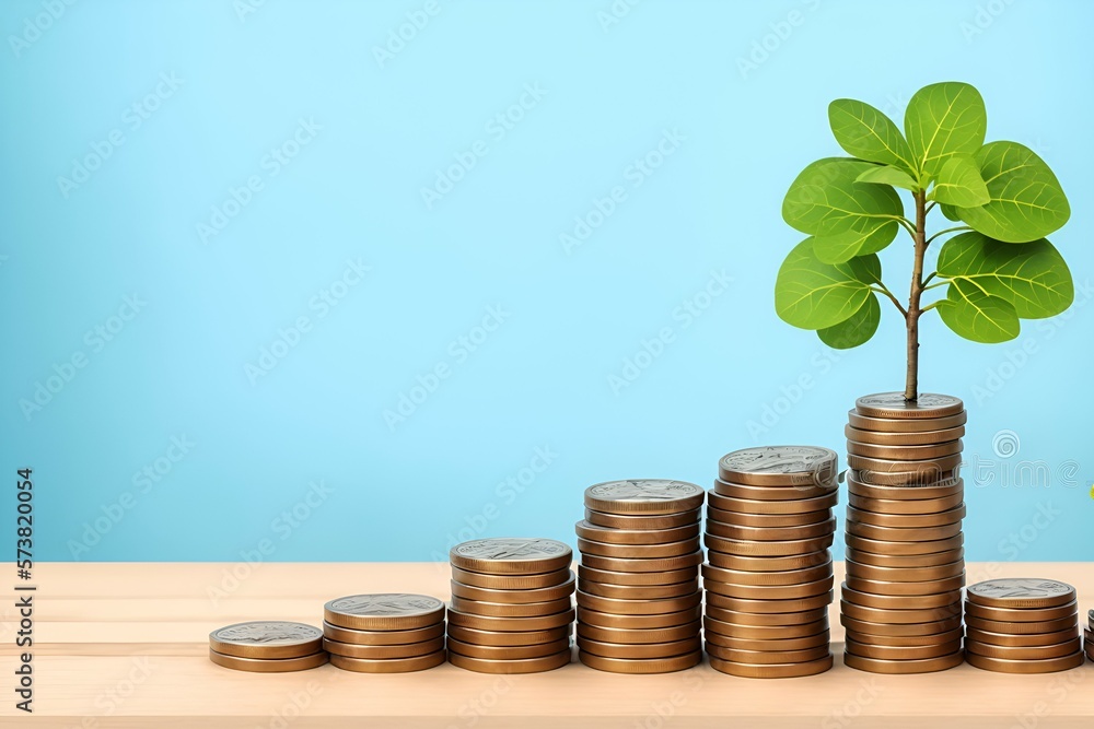 Growing tree growing from coins. stacking coins on blue background, Business Finance and Money concept, Save money for prepare in the future, green finance, green growth. Plant. Growing tree growing from coins. stacking coins on blue background, Business Finance and Money concept, Save money for prepare in the future, green finance, green growth. Plant.