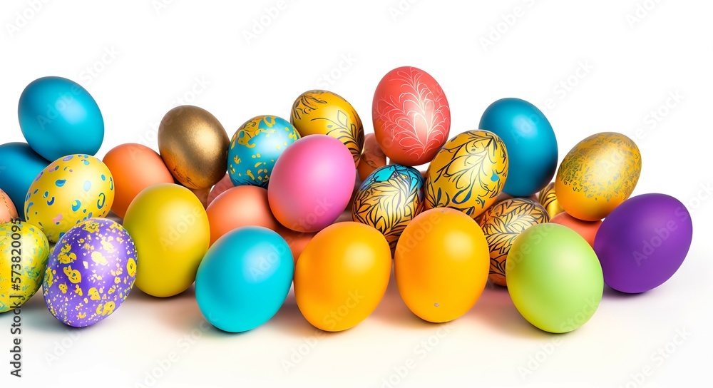 Colorful easter eggs on white background. Happy Easter! Festive Decoration for Spring Celebration
