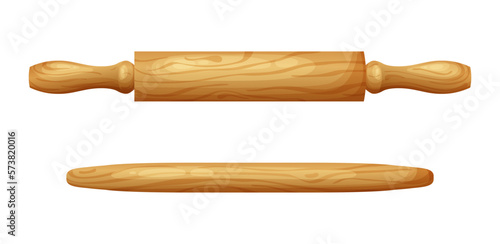 Fresh raw dough for bakind. Homemade tasty bread. Cartoon of wooden kitchen rolling pin. Vector illustration for menu, cafe, restaurant