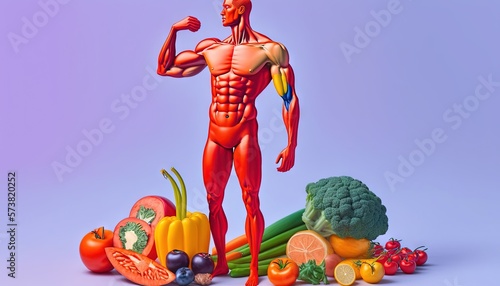  a man standing in front of a pile of fruits and vegetables with his arm up in the air and his right arm up in the air.  generative ai