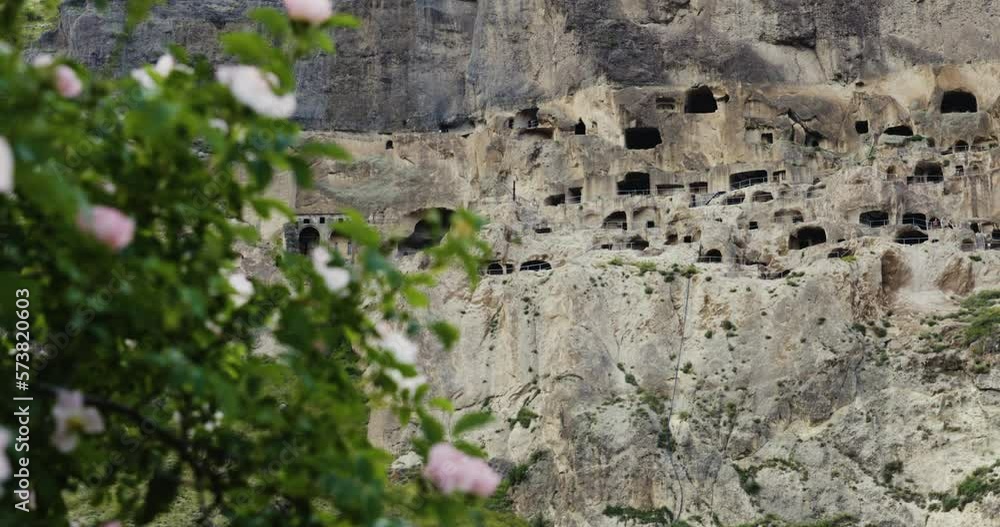 Cave monastery in Erusheti Mountain,Vardzia Georgia, Pan right Medium Shot Cave monastery in Erusheti Mountain,Vardzia Georgia, Pan right Medium Shot