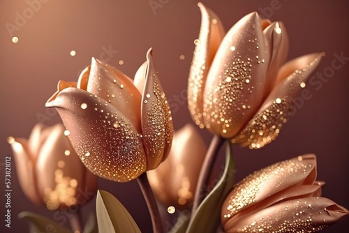 golden tulip flowers on blurred fantasy background. spring. Generative AI #573821012