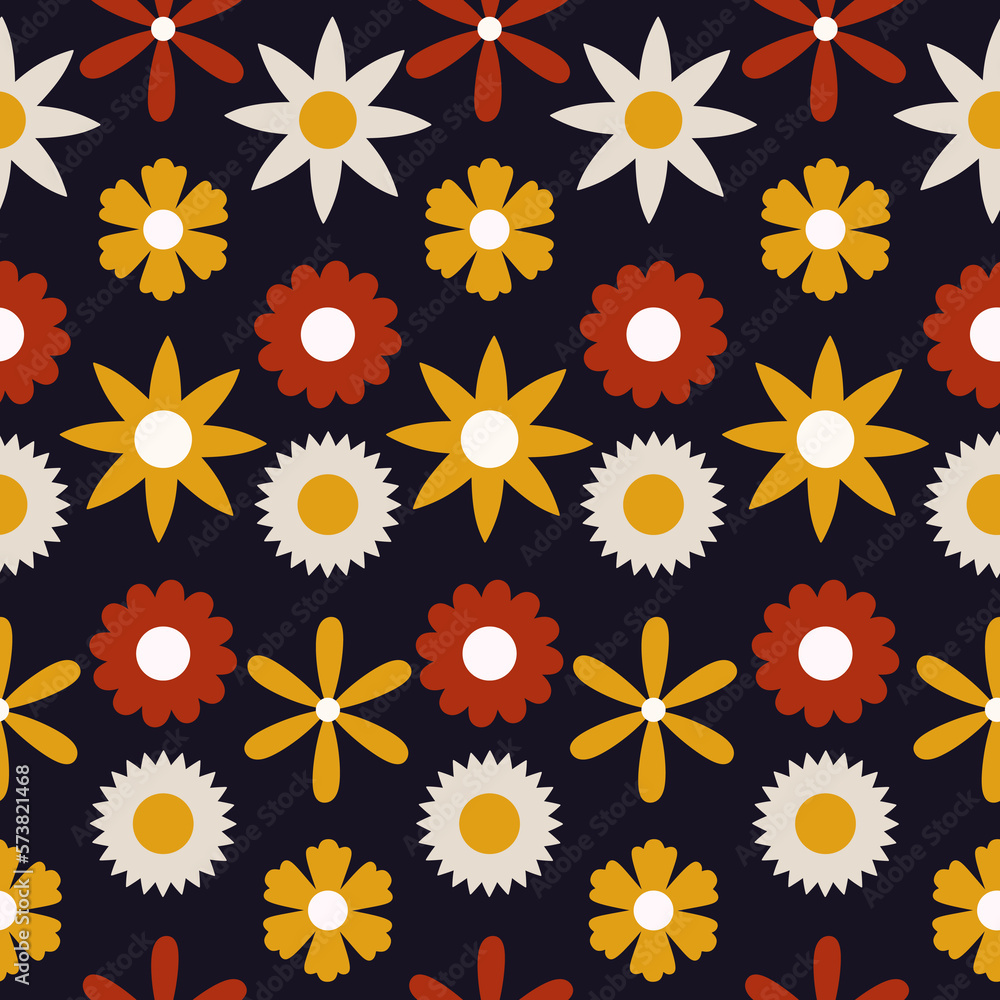 Fototapeta premium Cool Daisy flower seamless pattern isolated on blue background.