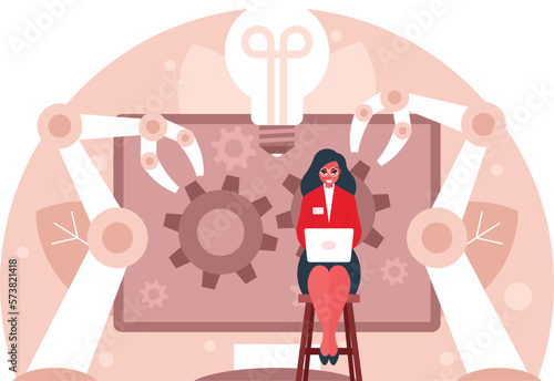 Woman works on a laptop while sitting on a stool. Female programmer working on a project. Software development. Automated business system concept with computer that builds robot arms. Vector graphics