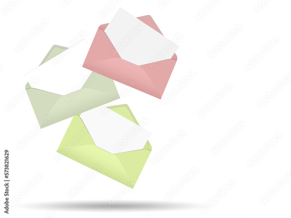 Drei bunte Briefumschläge vor weißem Hintergrund, 3D-Illustration Drei bunte Briefumschläge vor weißem Hintergrund, 3D-Illustration