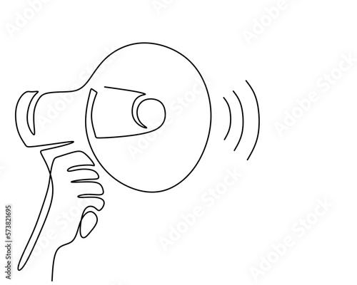 Hand drawing single one line of hand hold horn isolated on white background.