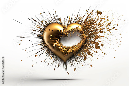 broken heart with hole with splashes of gold paint on a white background. Generative AI