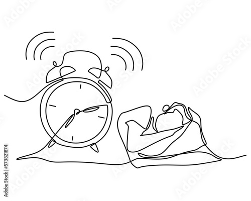 Hand drawing single one line of alarm clock and sleeping man isolated on white background.