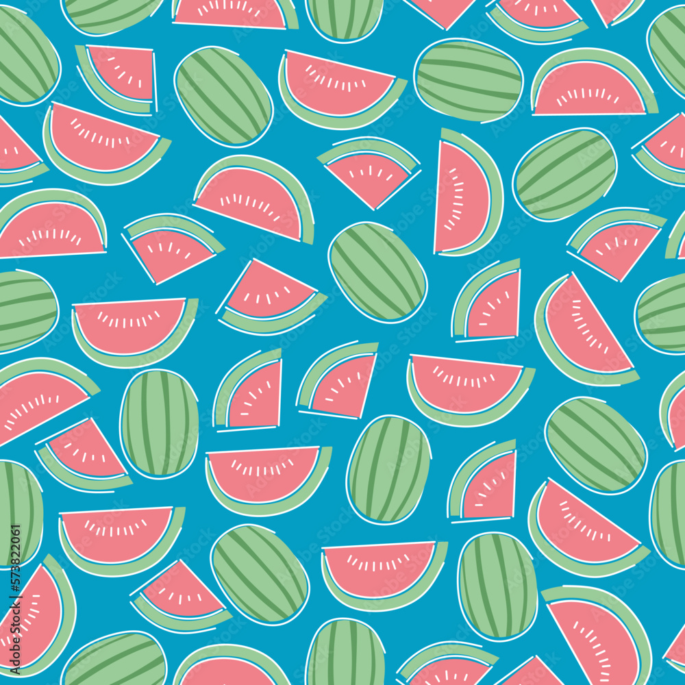 Watermelon seamless pattern isolated on blue background.