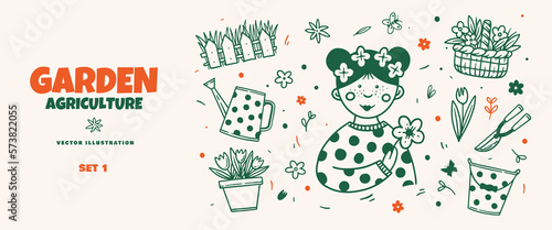 Florist girl and gardener set in linear style. Basket with flowers, watering can, flowers in boxes, spatula, pruner, small fence. Design element for coloring books, postcards, clothes. 