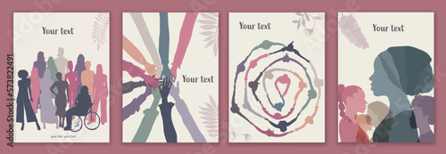 Silhouette group of multicultural women. International Women's day. Colleagues. Female social community of diverse culture.Racial equality.Empowerment or inclusion.Template banner poster
