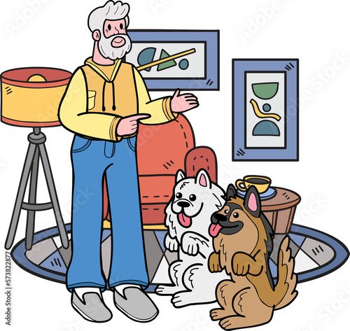 Hand Drawn Elderly man training a dog illustration in doodle style