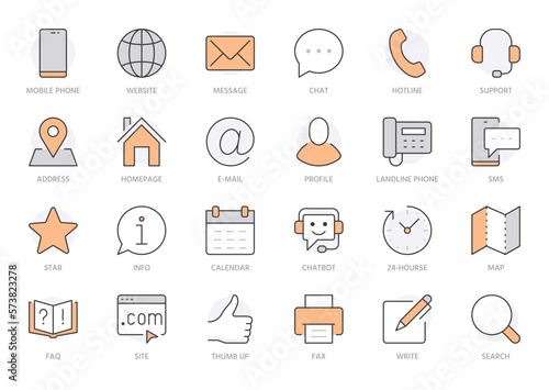 Contact us line icon set. Feedback, customer service, phone, email address, web site minimal vector illustration. Simple outline sign business card, landing page. Orange color. Editable Stroke