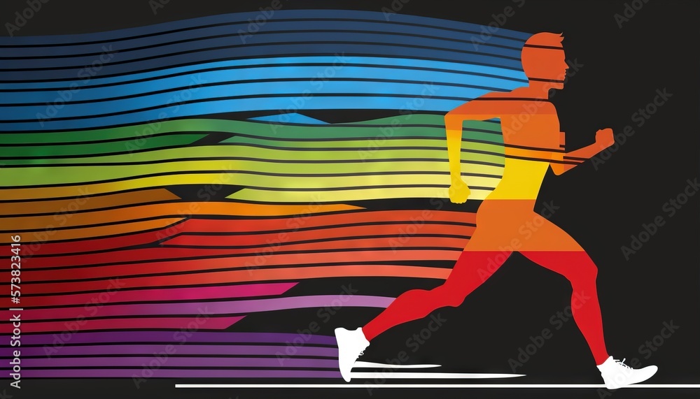  a person running in a marathon with a rainbow background and a black background with a white outline of a person running in a marathon with a rainbow background.  generative ai