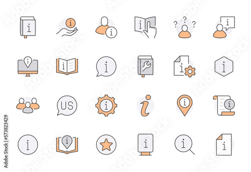 Information line icon set. Privacy policy, manual, rule, instruction, inform, guide, reference minimal vector illustration. Simple outline sign tutorial app ui. Orange color. Editable Stroke