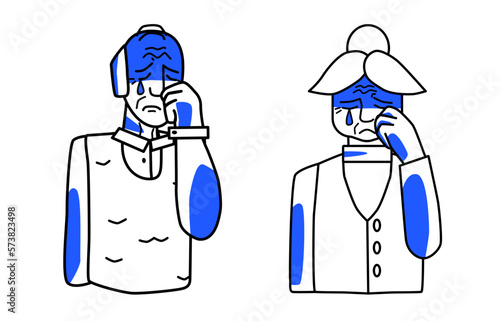 Sad elderly man and woman, pensioners in sorrow with tears. Melancholy of grandfather and grandmother. Line art, half body hand drawn sketch style.