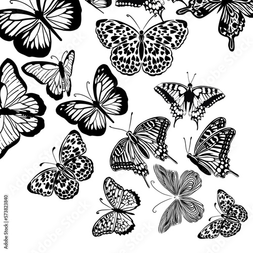 Background with black graphic butterflies. Vector illustration