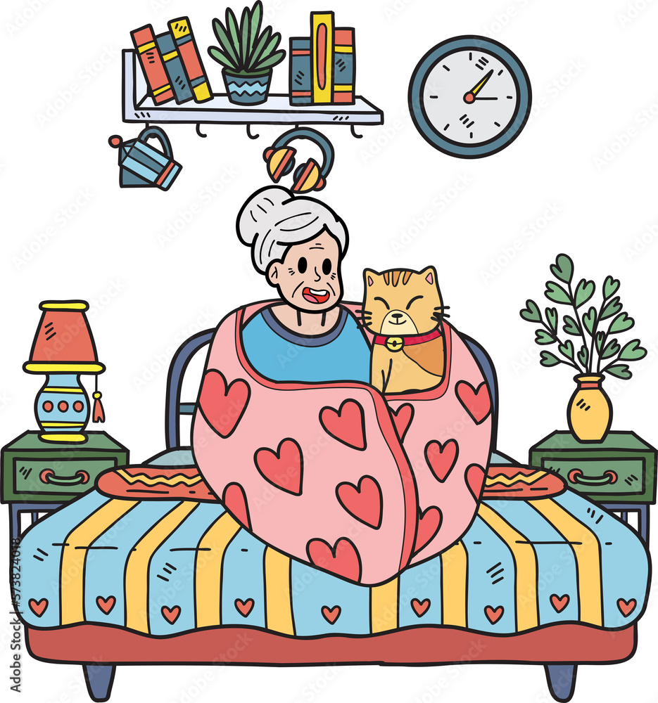 Hand Drawn Elderly holding a cat illustration in doodle style
