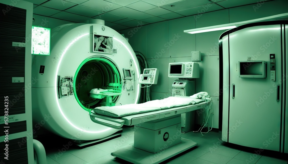 a hospital room with a mri machine in the corner of the room and a green light in the middle of the room, and a green light in the middle of the room. generative ai a hospital room with a mri machine in the corner of the room and a green light in the middle of the room, and a green light in the middle of the room. generative ai