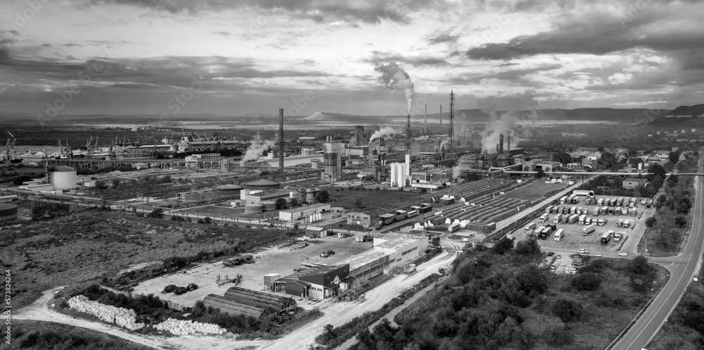 Amazing aerial view panorama of an industrial zone. Black and white