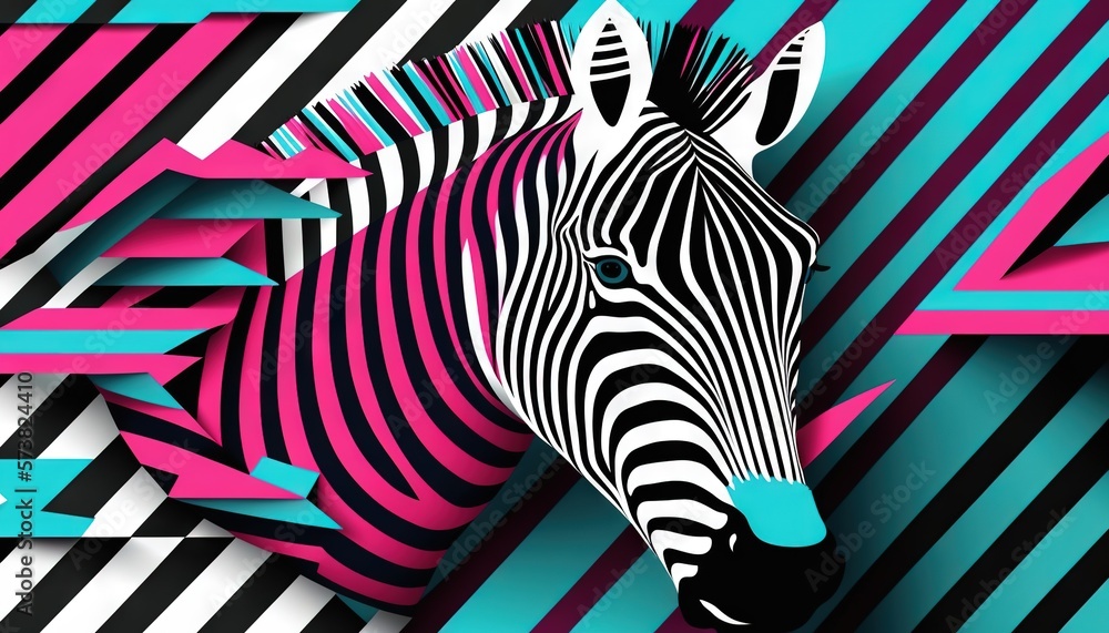 a zebra is standing in front of a multicolored background with arrows and triangles in the shape of a rectangle and rectangle. generative ai a zebra is standing in front of a multicolored background with arrows and triangles in the shape of a rectangle and rectangle. generative ai