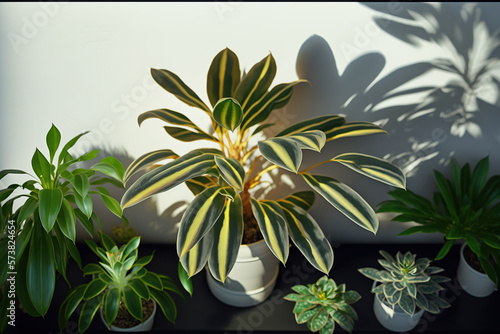 House plants in pot on the floor with sunlight, greenhome, Biophilic design at home, green home. Greenery at home, love of plants, indoor cozy garden Ai Generative © Viktoriia