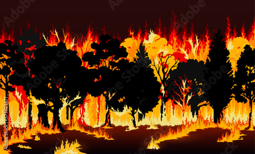 Forest fire, burning trees and grass background