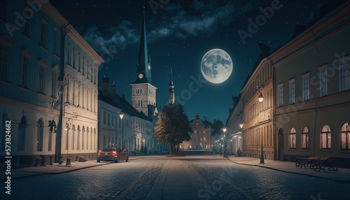  a full moon rises over a city street with a church steeple in the distance and a car parked on the side of the road. generative ai