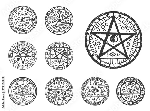 Circle magic pentagram sketch, old occult seal photo
