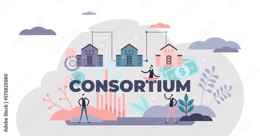 Fototapeta premium Consortium partnership strategy, flat tiny persons illustration, transparent background. Achieving common goals by partnering up in association. Abstract business structure concept.