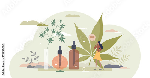 CBD oil as cannabis or hemp seeds extract for wellness tiny person concept, transparent background. Medical usage and herbal products from organic seeds illustration.