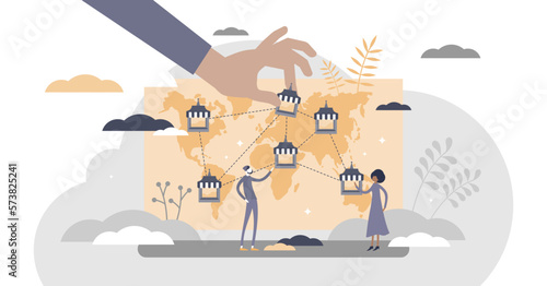 Franchise business model for company trade expansion flat tiny persons concept, transparent background.Cooperation trademark licensing for brand distribution illustration.