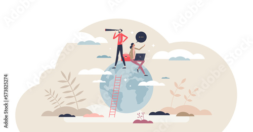 Global opportunity searching for international business tiny person concept, transparent background. Businessman standing on globe and looking in future goals.