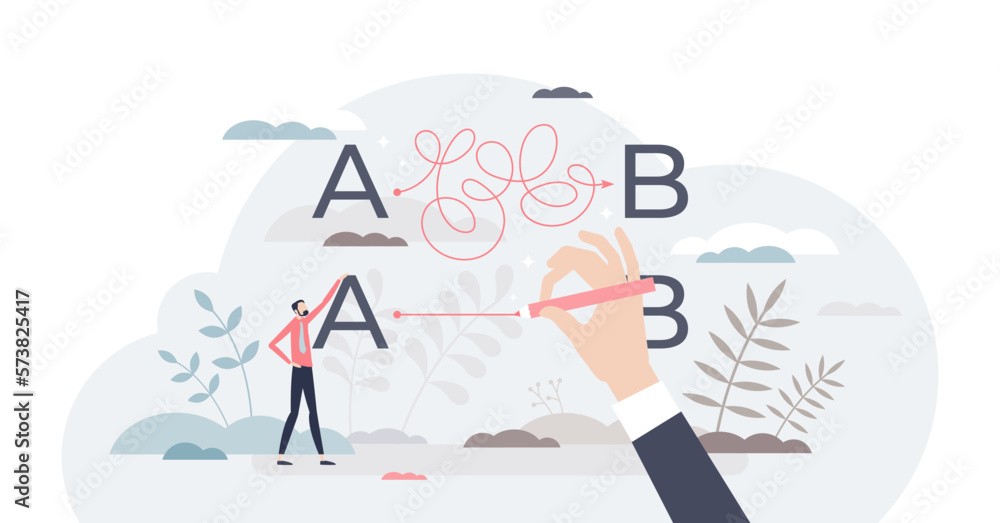 Simplify difficult or complex path with straight shortcut tiny person concept, transparent background. Unclear business route solution and messy problems solving illustration. Simplify difficult or complex path with straight shortcut tiny person concept, transparent background. Unclear business route solution and messy problems solving illustration.