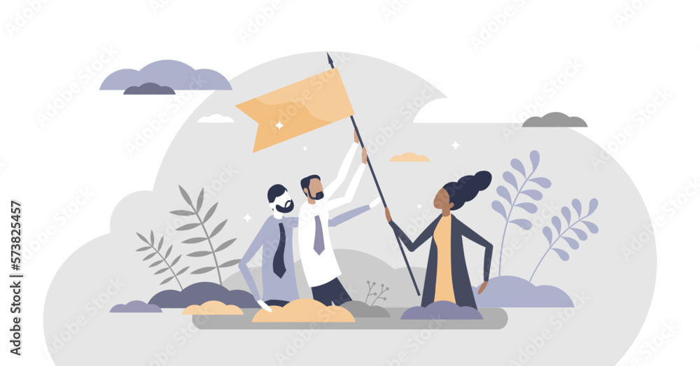 Obraz premium Teamwork as business partnership team with female leader help tiny persons concept, transparent background. Woman assistance for target reaching as togetherness power illustration.