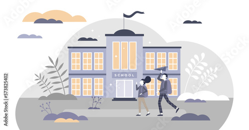 School building exterior with pupil going to learn education tiny person concept, transparent background. Kids knowledge house.