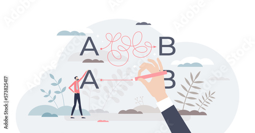 Simplify difficult or complex path with straight shortcut tiny person concept, transparent background. Unclear business route solution and messy problems solving illustration.