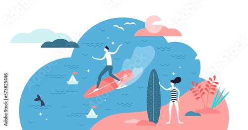 Surfing illustration, transparent background.Flat tiny wave board activity person concept.Ocean and sea outdoors leisure as vacation and travel destination.