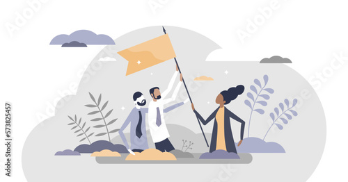 Teamwork as business partnership team with female leader help tiny persons concept, transparent background. Woman assistance for target reaching as togetherness power illustration.