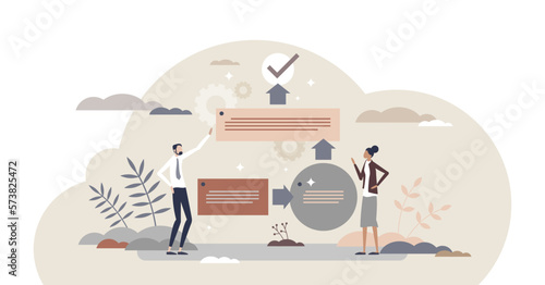 Work flow procedure and company standard steps completion tiny person concept, transparent background. Effective performance with job monitoring and progress control illustration.