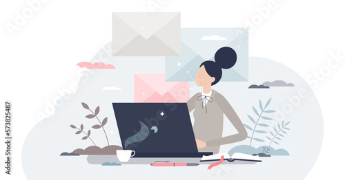 Writing professional email and business communication tiny person concept, transparent background. Write new digital letter using computer document illustration. Elegant businesswoman in work.