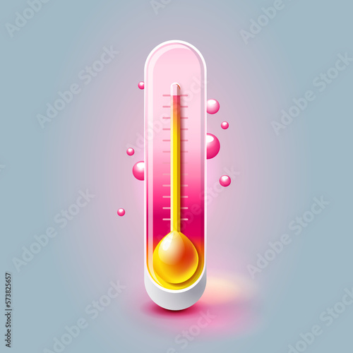 Icon glass volumetric 3D thermometer measures degrees of heat, weather, seasons, summer, pink and yellow colors on a pink gray background with a glow