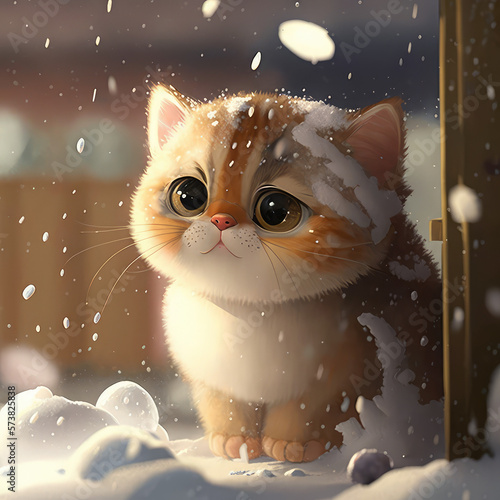 Cute baby cat in snow. Cartoon pet character winter composition. Little fluffy kitten in snowy weather. 3d render illustration. Generative AI art.
