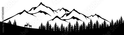 Black silhouette of deer mountains and forest fir trees camping landscape panorama illustration icon vector for logo, isolated on white background