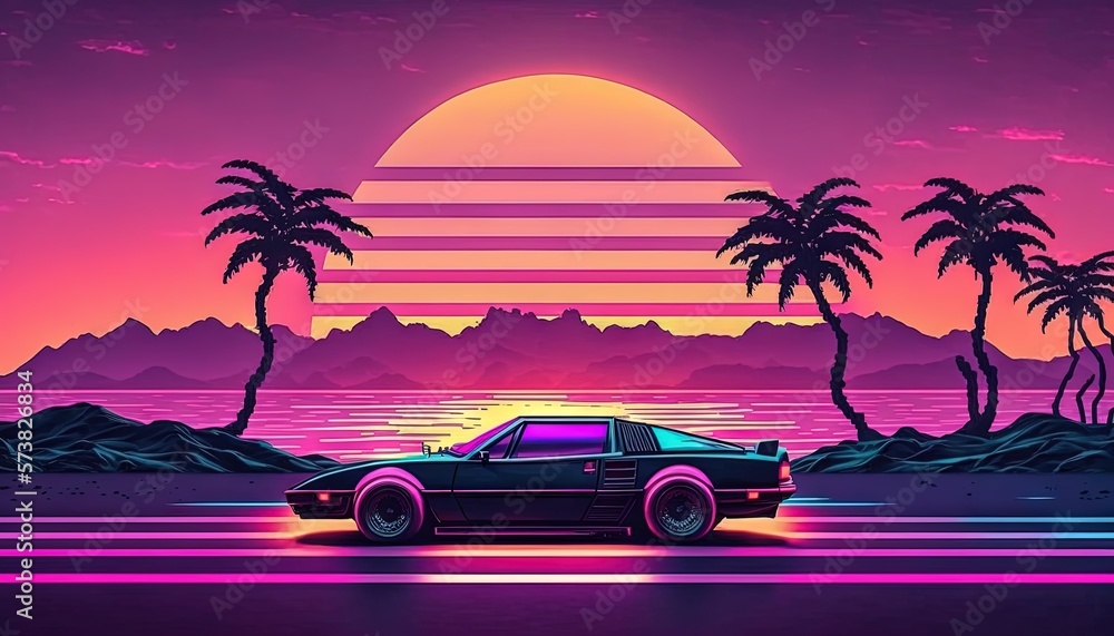  a car is parked in front of a sunset with palm trees and mountains in the background and the sun rising over the ocean behind it.  generative ai
