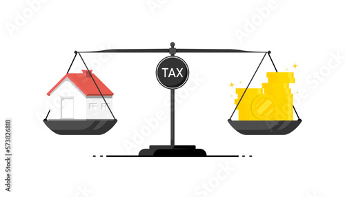Personal housing tax concept, Justice scales calculate personal housing tax, Digital marketing illustration.