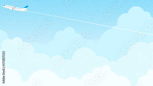 もくもくした雲と、その上を飛ぶ飛行機　背景素材（横向き16:9）