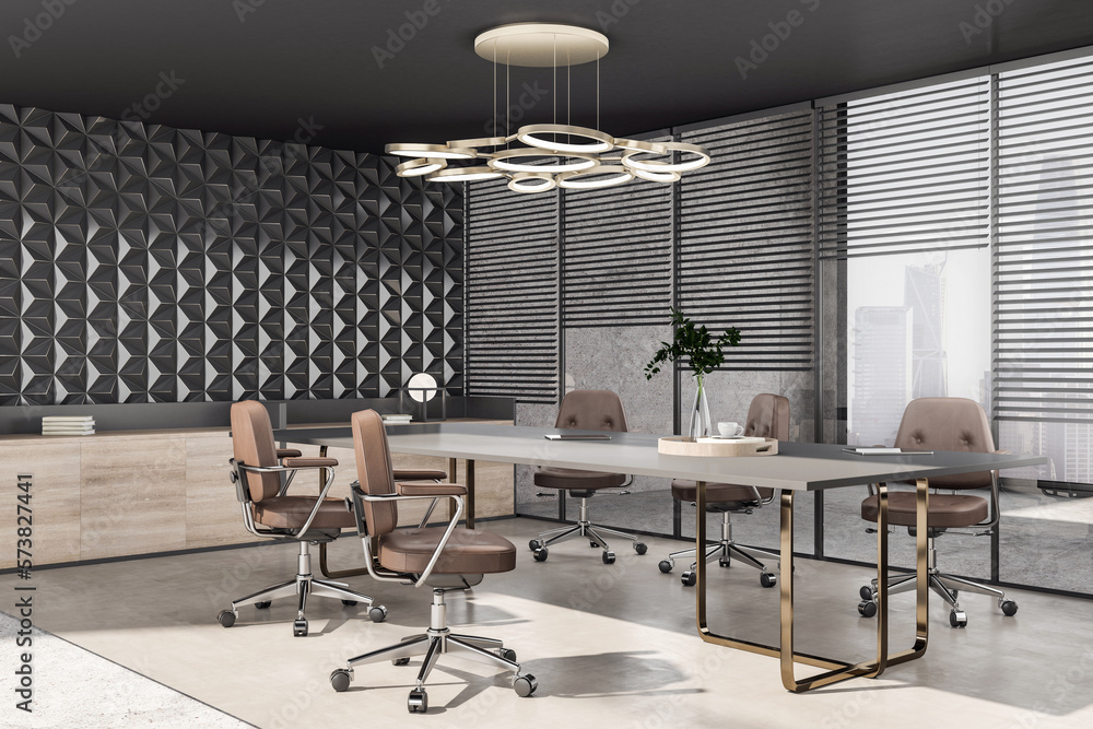 Perspective view on grey conference table and brown wheel chairs on ...