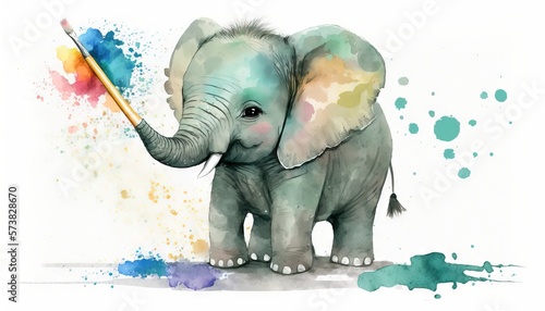  a watercolor painting of a baby elephant holding a paintbrush with its trunk and trunk  with a splash of paint on the ground behind it.  generative ai