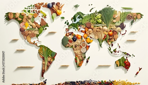  a map of the world made up of different types of food and vegetables on a white background with a map of the world in the middle.  generative ai